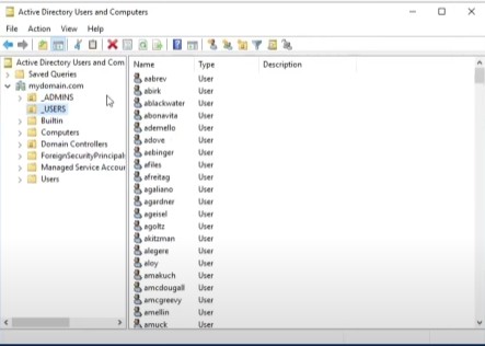 Active Directory Users OU showing accounts created by script