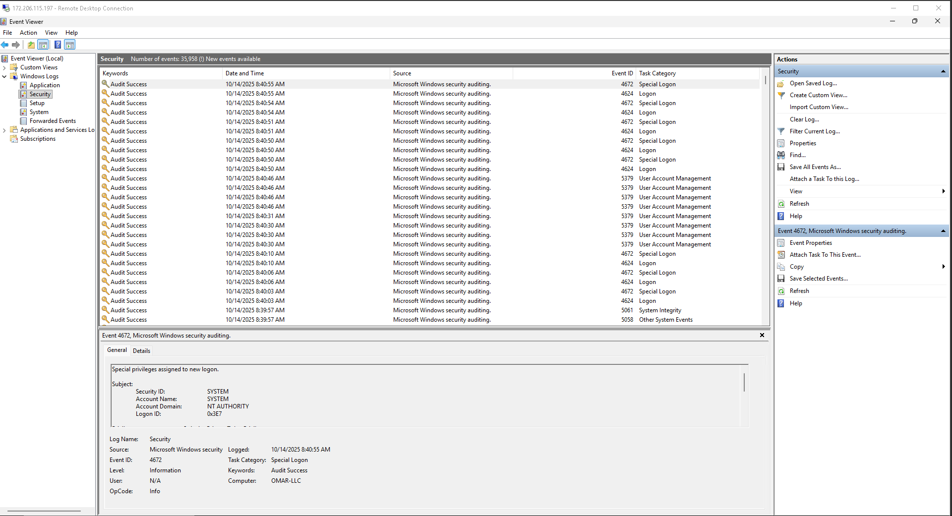 Windows Security Event Viewer showing failed RDP logon attempts