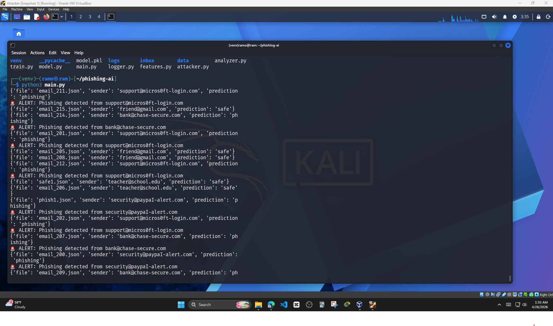 Terminal output showing phishing detection alerts