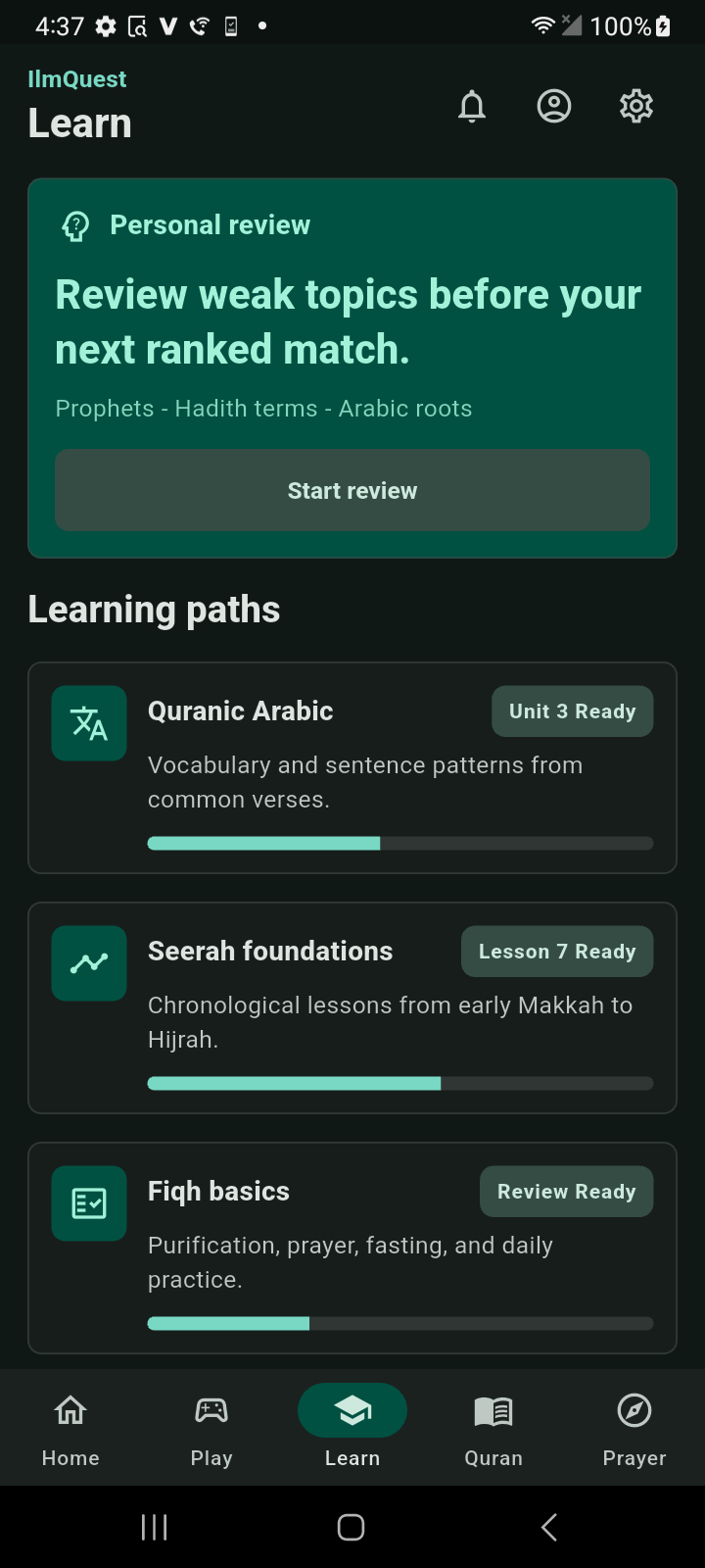 IlmQuest learn screen with Quranic Arabic, Seerah, and Fiqh tracks