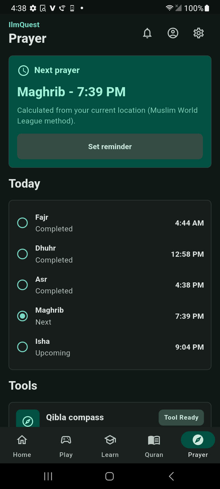 IlmQuest prayer times screen