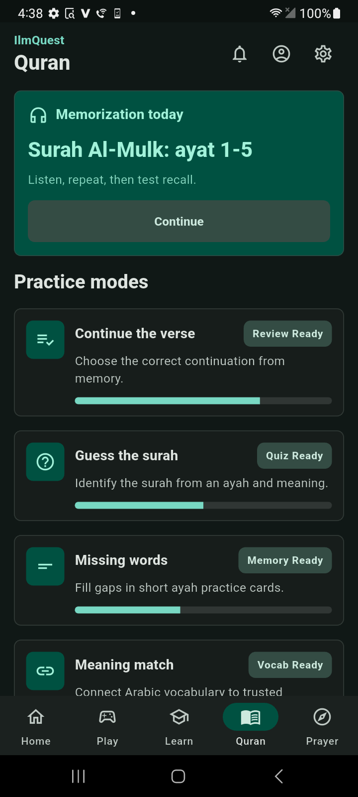 IlmQuest Quran practice modes